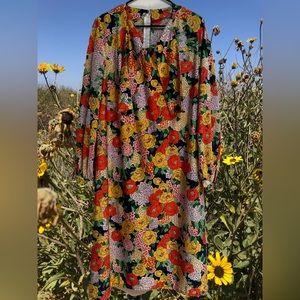 1960s 1970s Vintage Mod Floral Print Midi Long Sleeve Dress Size L/XL